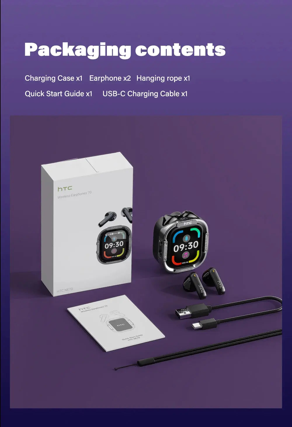 HTC NE70 wireless earphones with black charging case, USB-C cable, and quick start guide