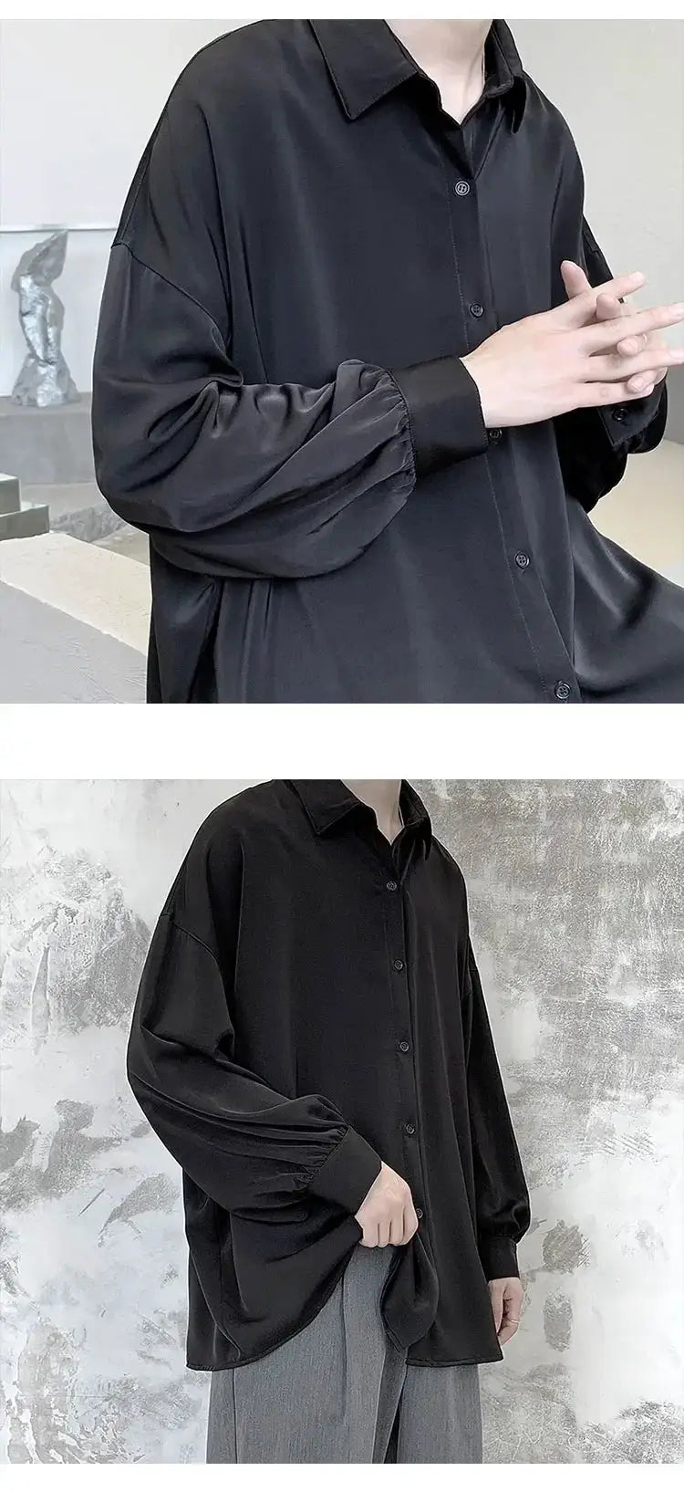 Simples Market men's black oversized long-sleeve button-down shirt with a relaxed fit.