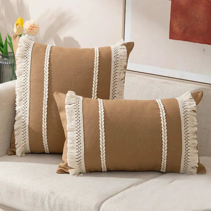 Bohemian knitted pillowcase pair for living room sofa in macaron brown with white tassel fringe