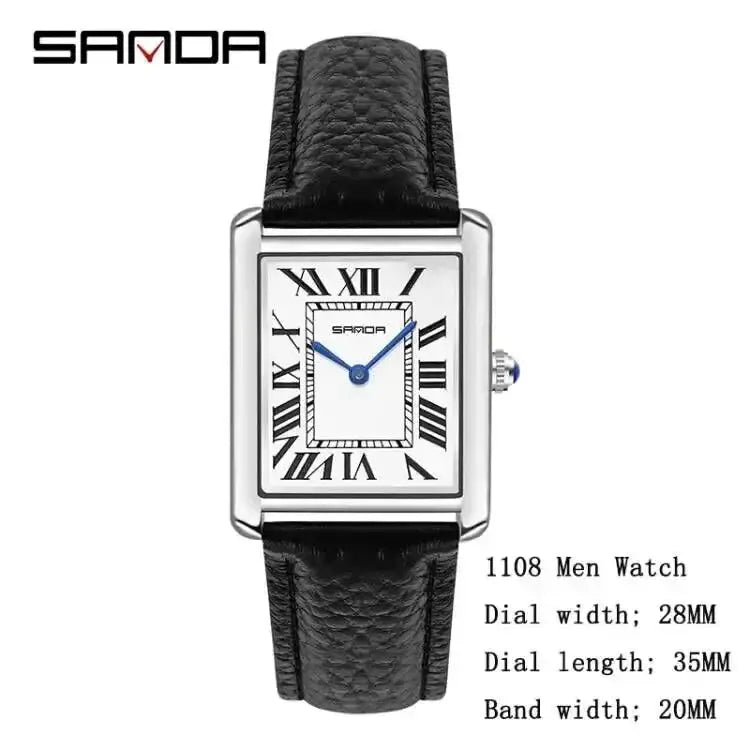 SANDA 9031/1108 rectangular quartz watch for men and women with black leather strap and blue hands.