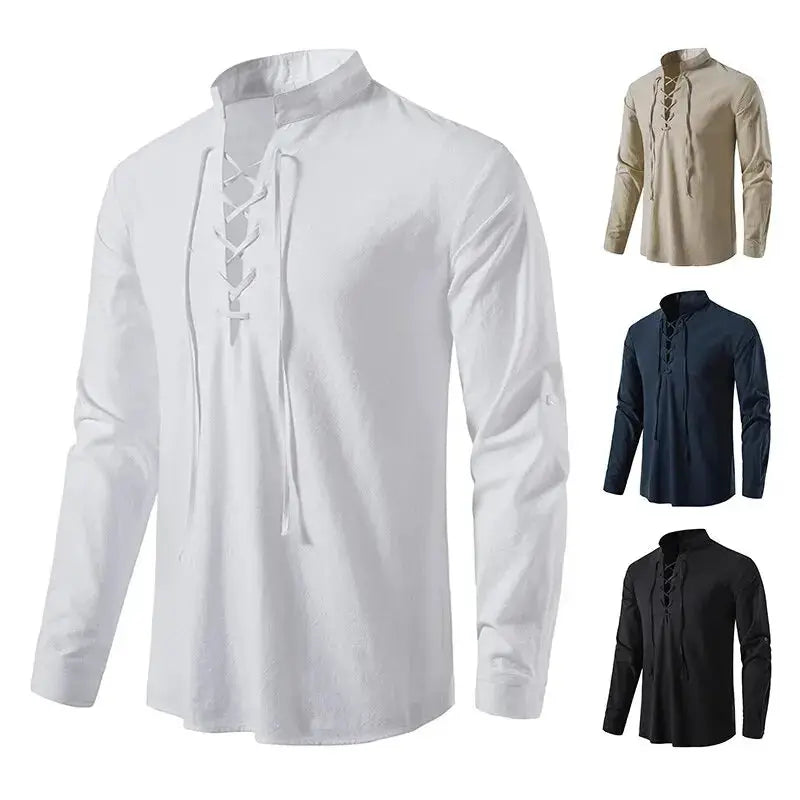 King Billion Mens Cotton Linen Long Sleeve Shirt Vintage English Style With Drawstring Neck US Size Spring Autumn