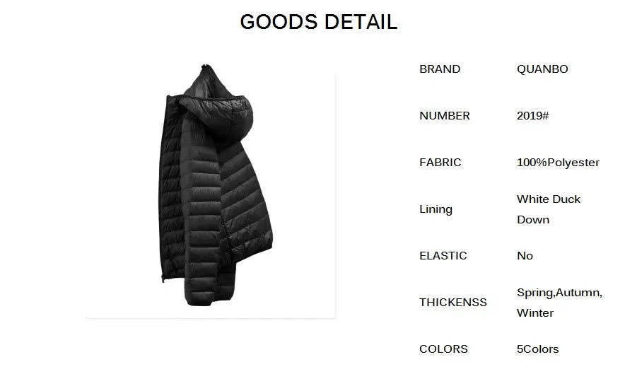 Men's black hooded ultralight duck-down jacket, quilted puffer coat