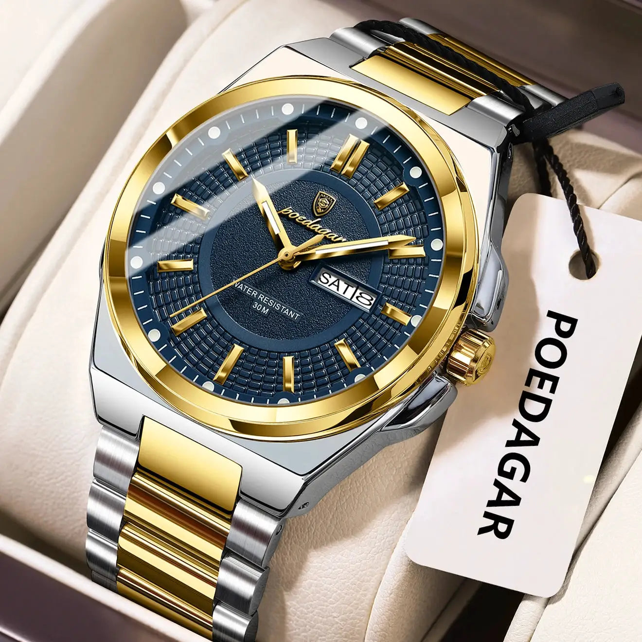 POEDAGAR sport men's wristwatch with blue textured dial, gold bezel, two-tone stainless steel band, date window