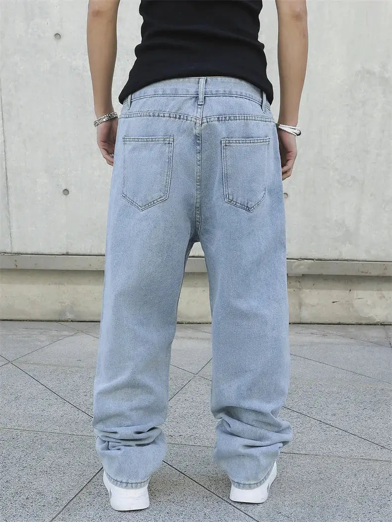 Light blue baggy denim jeans for men, oversized wide-leg fit with back pockets