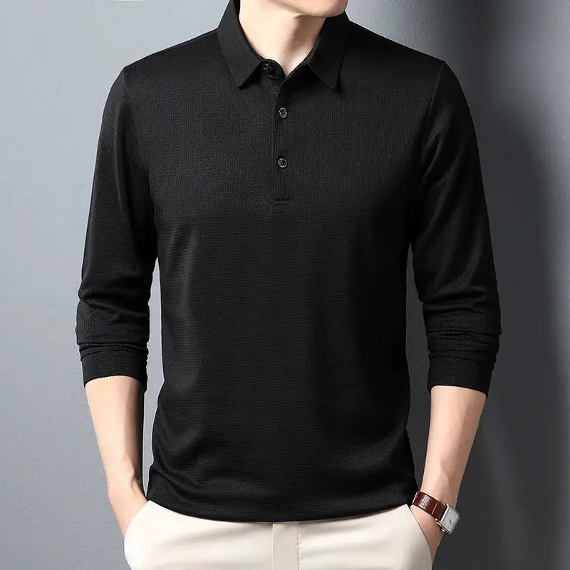 Men's black long-sleeve polo shirt for business casual, slim-fit top.
