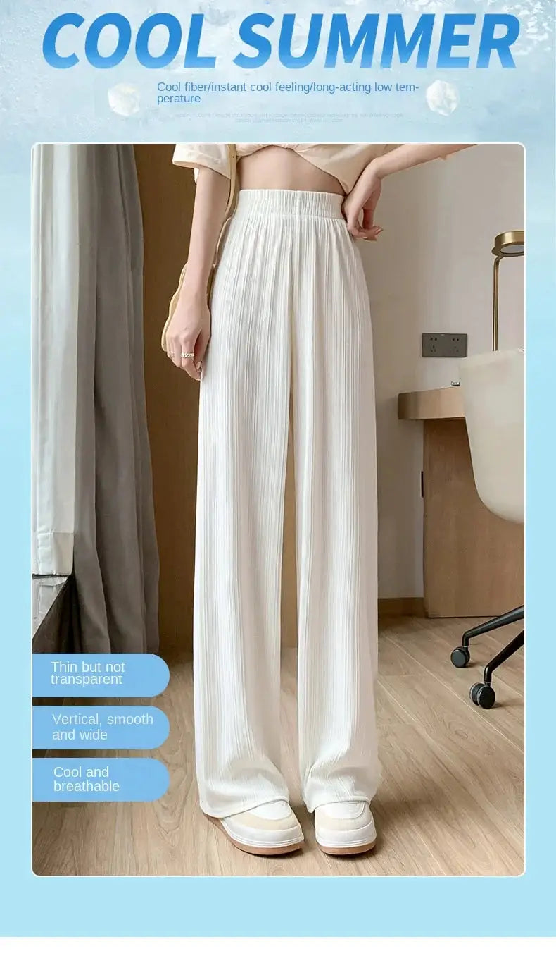 Simples Market white elastic-waist wide-leg pants with vertical pleats, breathable summer fabric