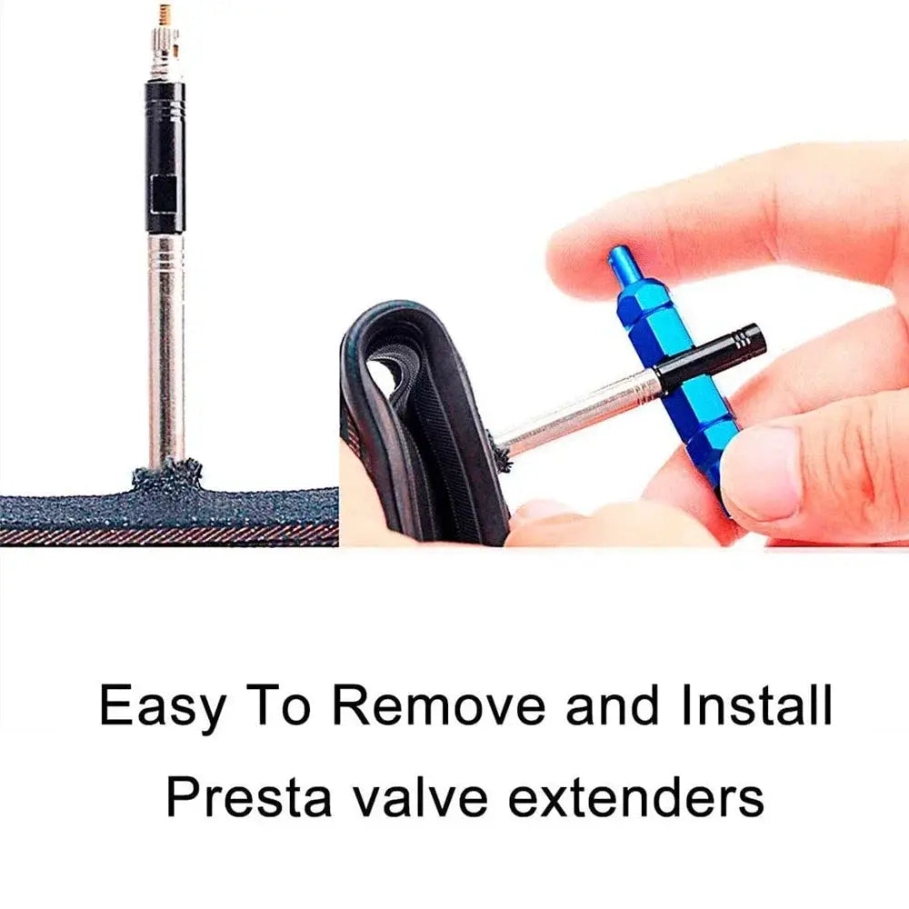 Valve core remover and Presta extender tool by Simples Market, blue aluminum handle for bike and car tires.