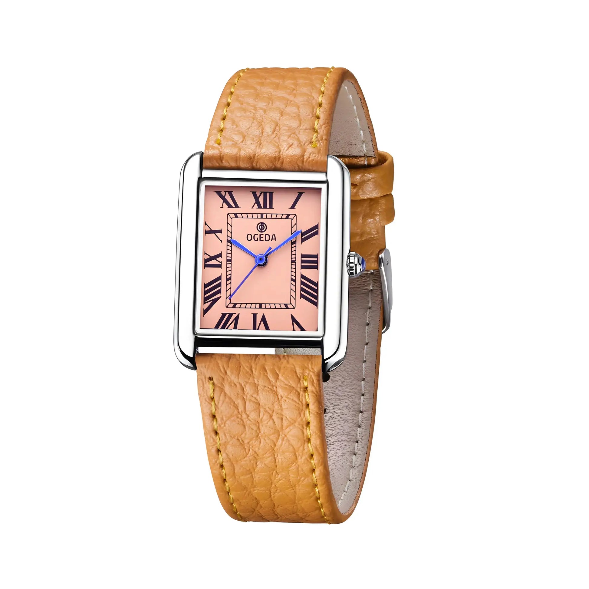 OGEDA waterproof couple watch with tan leather strap and pink square Roman numeral dial