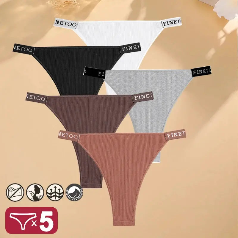 5-pack women’s cotton thong underwear in white, black, gray, brown, rust with FINET/NETOO waistband labels