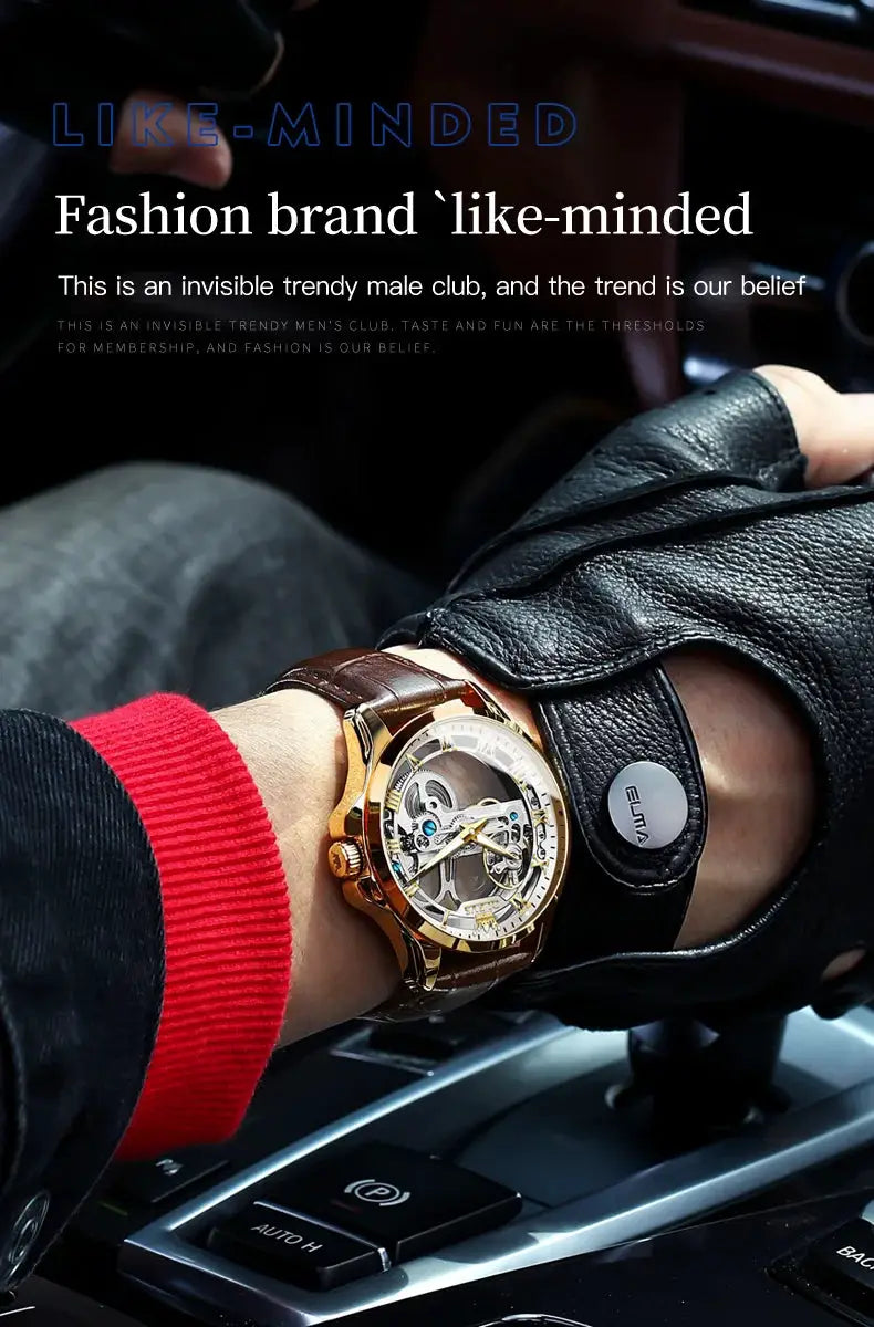 OLEVS 6661 skeleton automatic men's watch with brown leather strap and gold-tone case