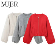 Mujer Red Zipper Bomber Jacket For Women Cropped Soft Long Sleeve Outerwear For Autumn Winter