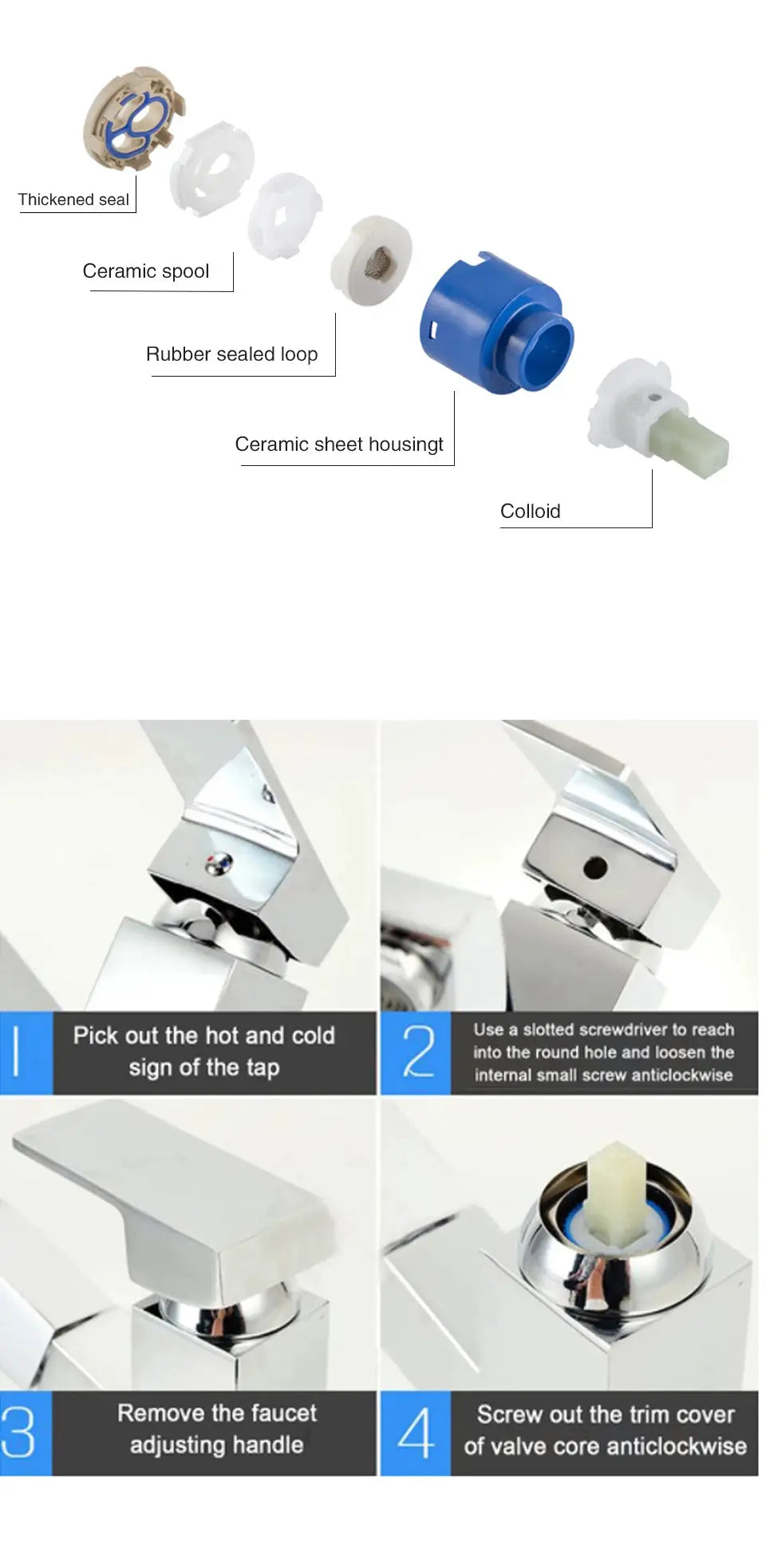 Faucet valve core kit with ceramic cartridge, rubber seal and blue housing; 30/35/40mm, 10pcs (Simples Market)