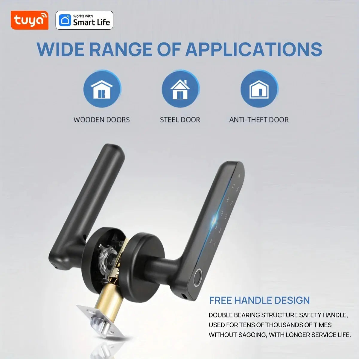 Tuya black smart door lock with biometric fingerprint and keypad, door handle design