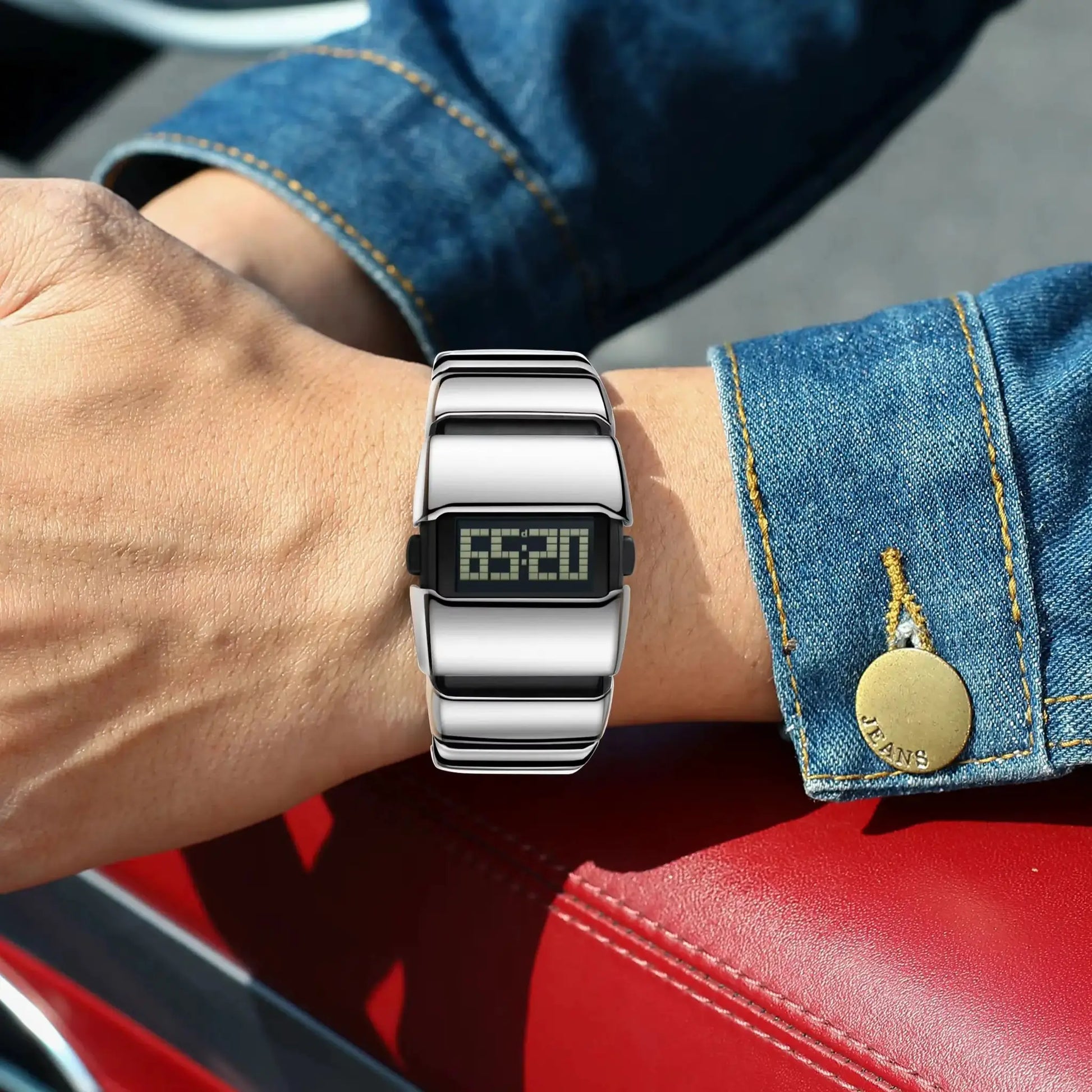 POEDAGAR fashion LED men's digital watch with stainless steel band on wrist
