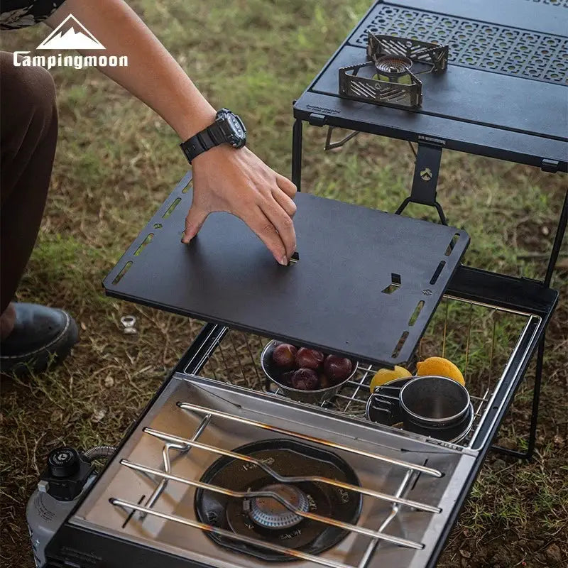CampingMoon CK-25BK-1PIGT two-tier black metal camping table with stove top