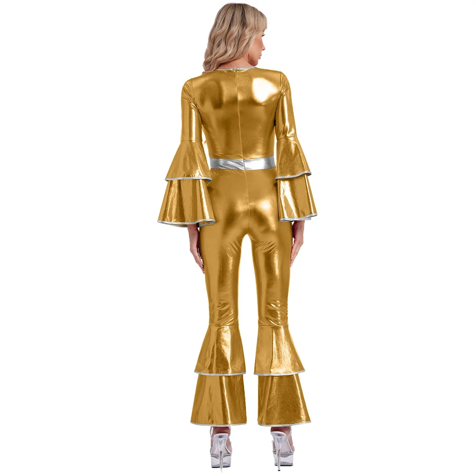 Womens metallic gold 70s disco jumpsuit with flared bell sleeves and silver belt, back view by Simples Market