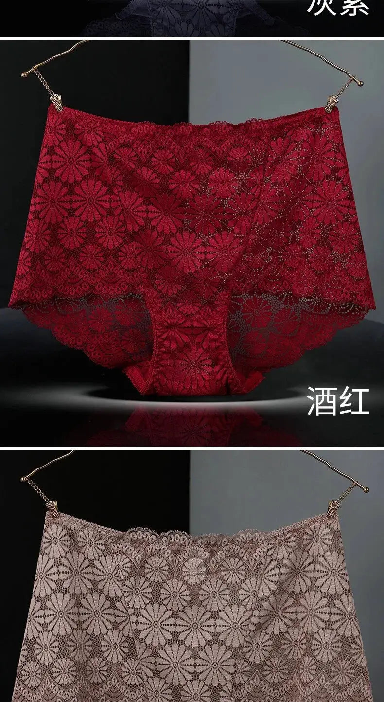 Lace high-waisted panties for women by Simples Market, plus-size, wine red and beige floral lace