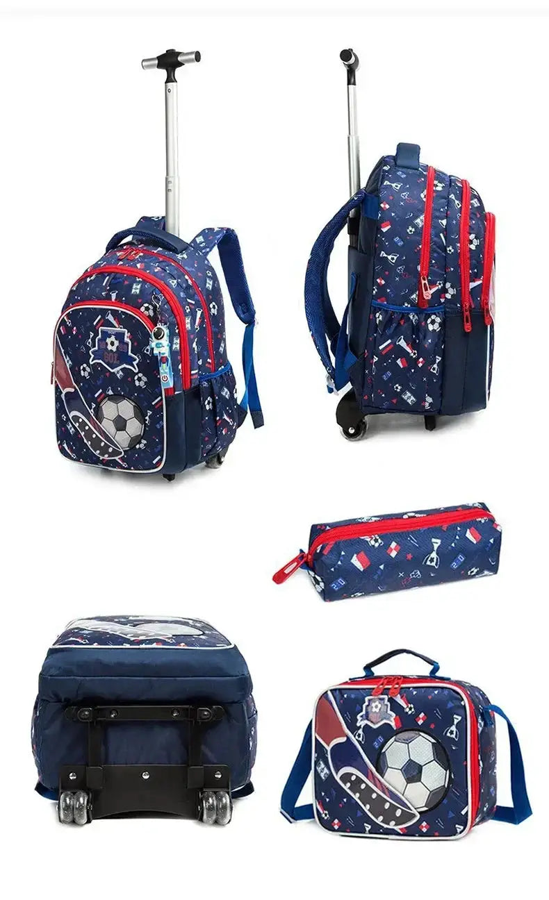 Children's wheeled backpack set in blue with soccer print by Simples Market, includes lunch box and pencil case.