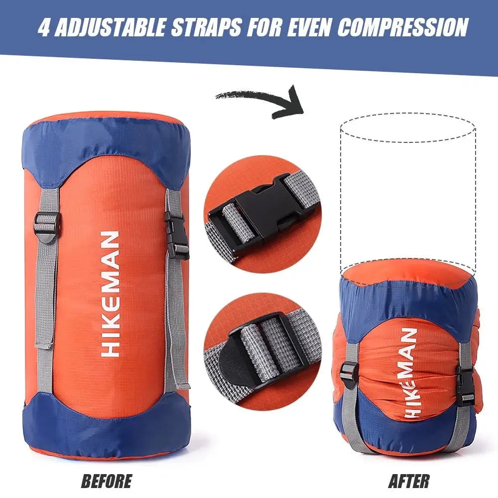 Sleeping bag compression storage bag HIKEMAN, orange with blue ends and gray straps, four buckles for compression
