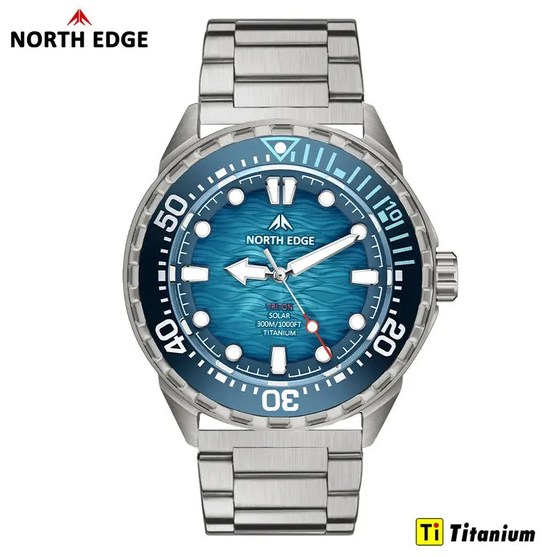 North Edge Triton-TI diving watch with titanium stainless steel case, blue dial, and metal bracelet