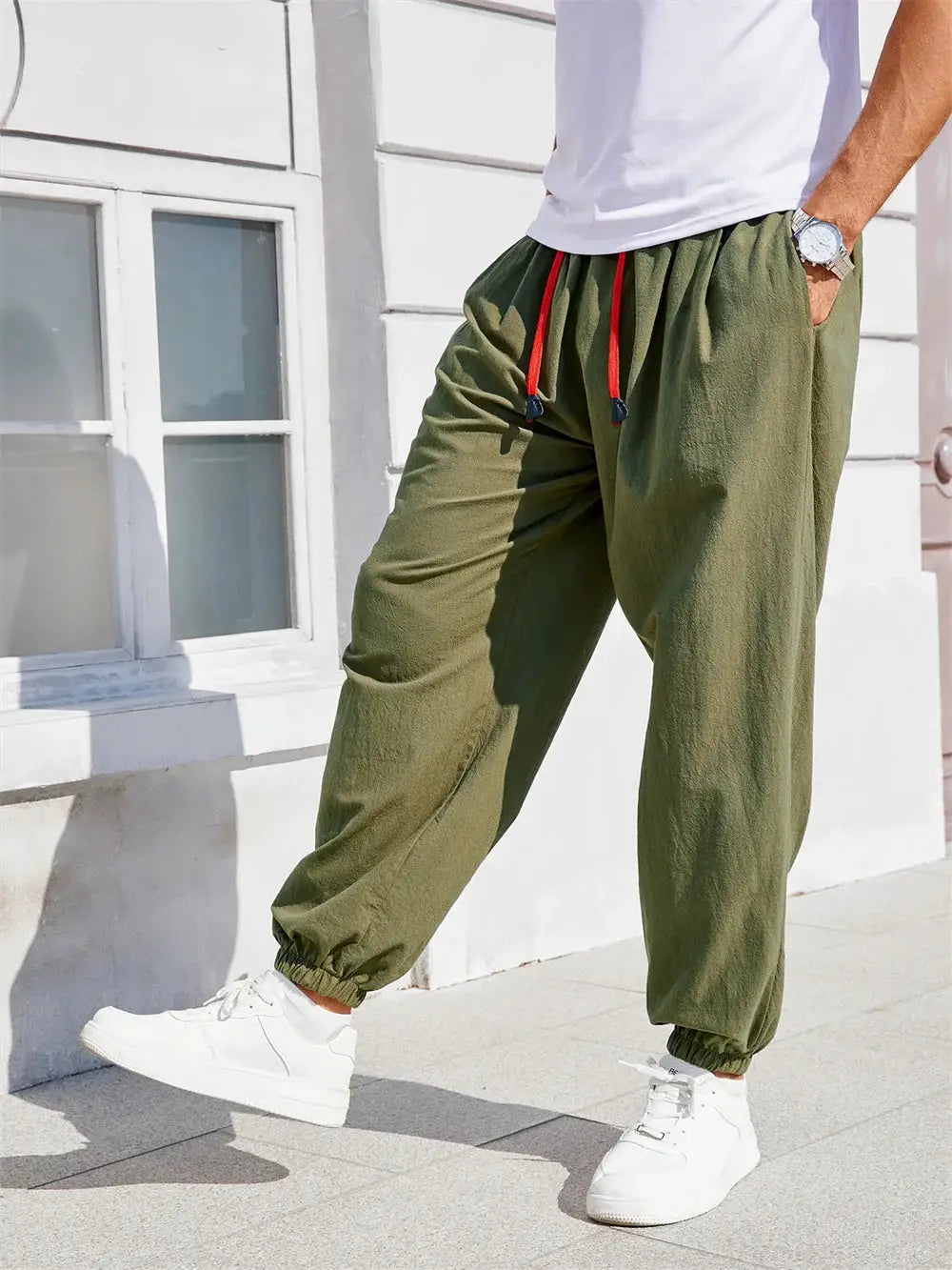 Men's harem pants olive green cotton-linen blend with red drawstring and elastic cuffs