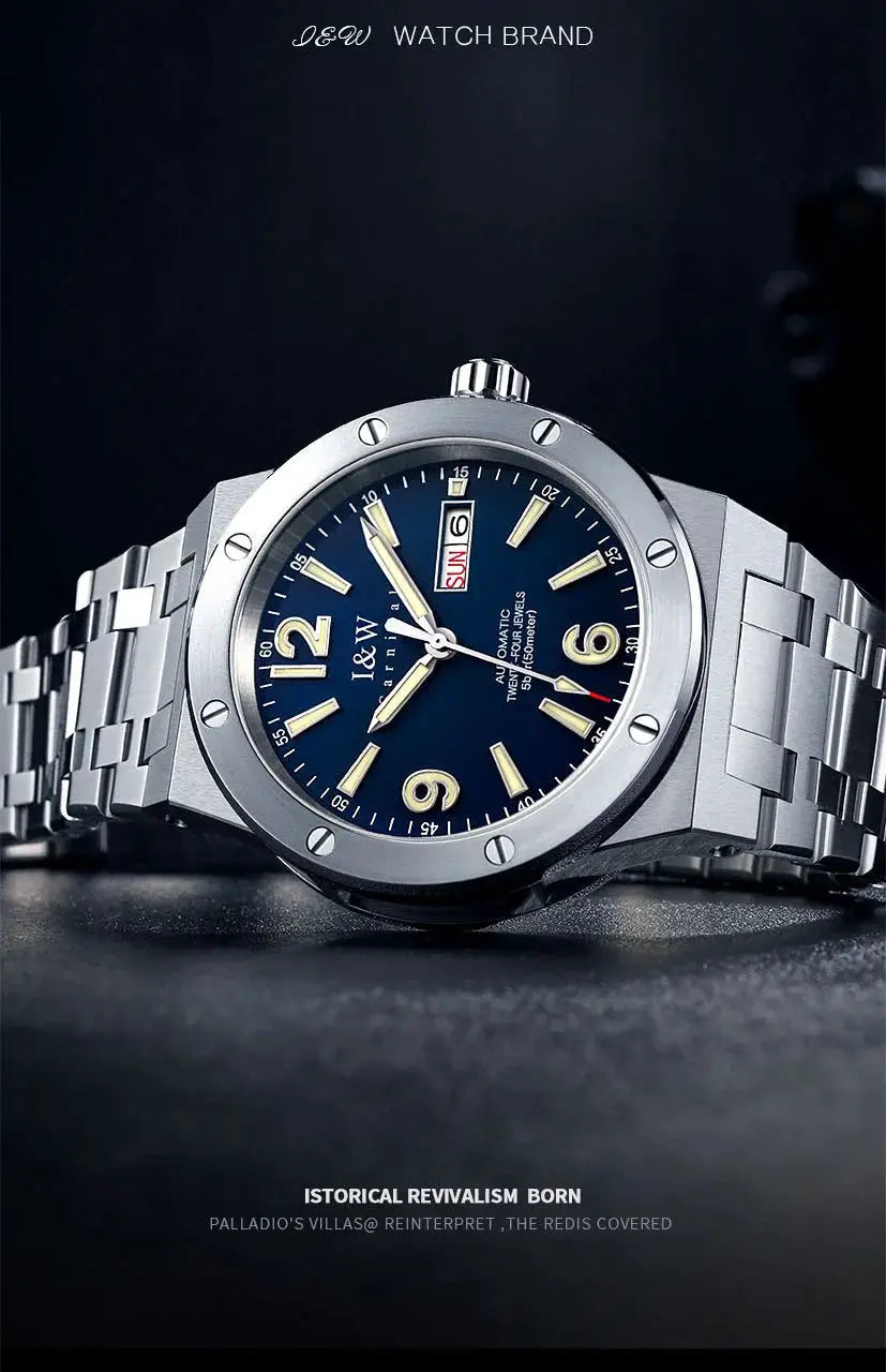 IW luxury stainless steel men's watch with blue dial, day-date window, 50M water resistance, and metal bracelet