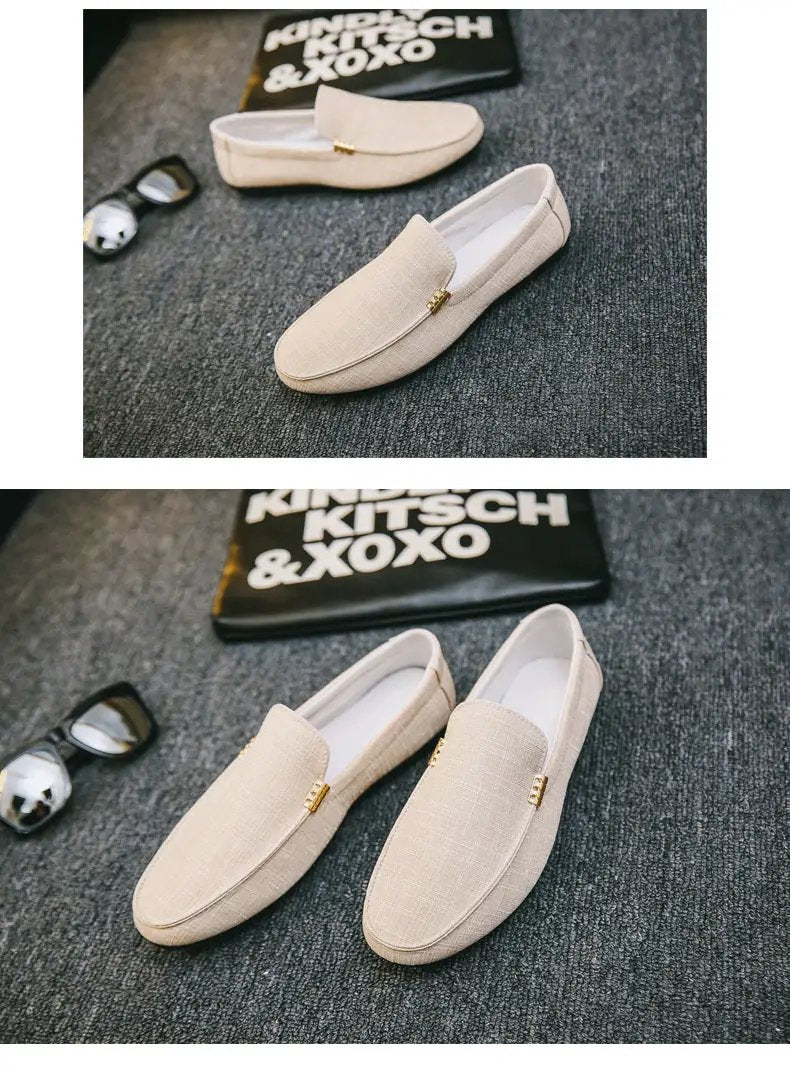 Men's beige canvas slip-on loafers, a pair, with gold hardware