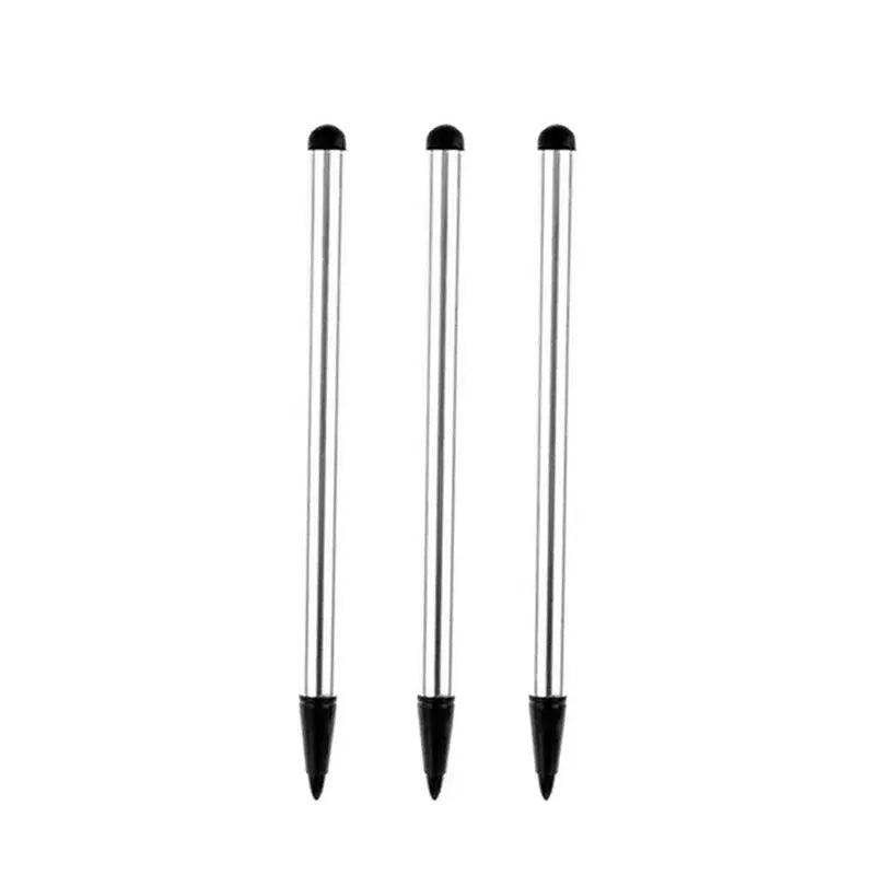 Three universal dual-use screen pens with silver metal bodies and black tips
