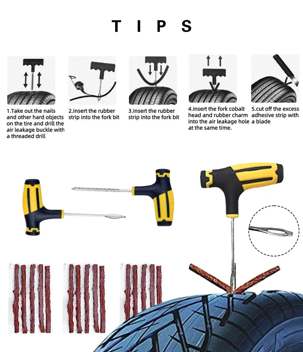 Simples Market Ultimate Tire Repair Tool Kit with tire strips and plug tools for cars, motorcycles, trucks, and bicycles