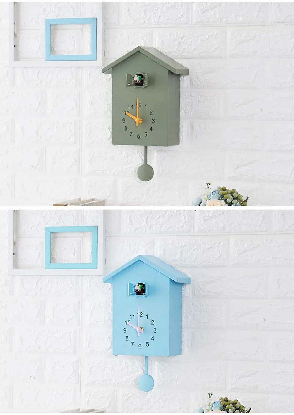 Two 20x25cm Simples Market cuckoo quartz wall clocks in green and blue birdhouse styles with pendulums.