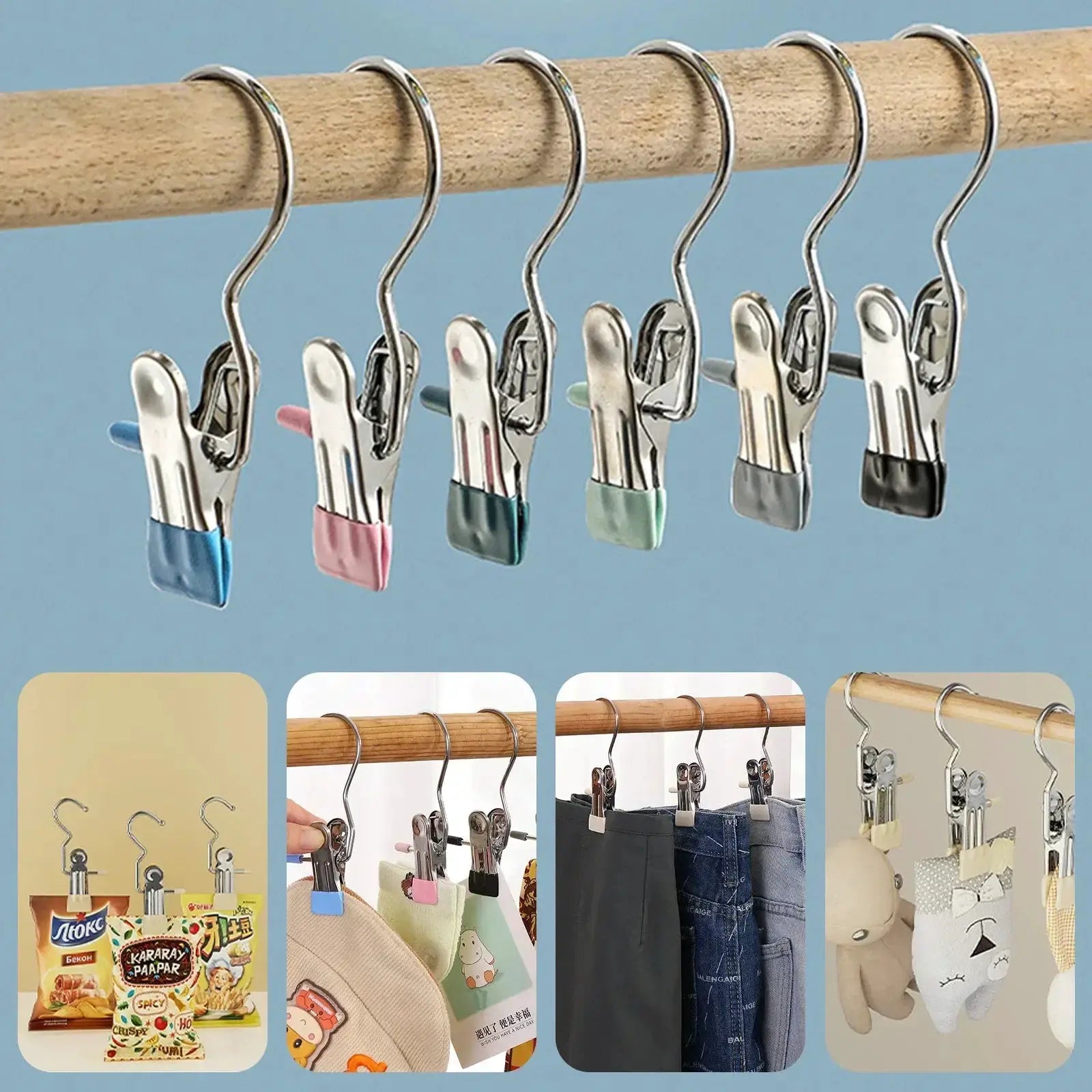 Stainless steel clothespins with colored tips on a wooden rod; several clips