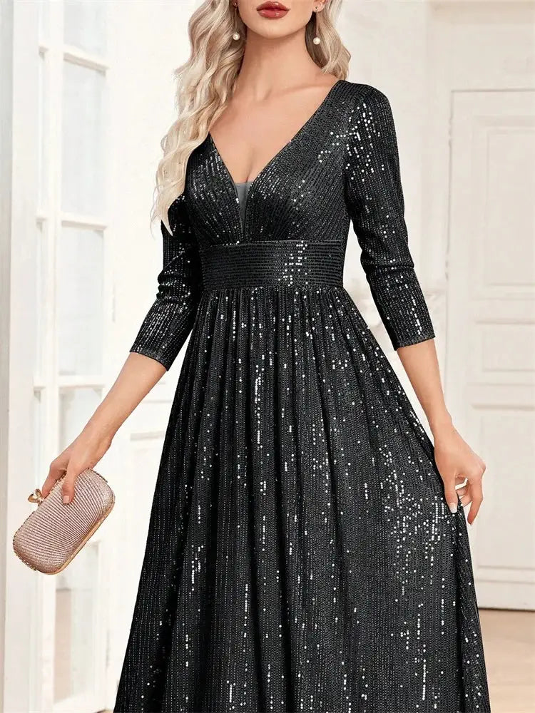 Luxury V Neck Long Sleeve Blue Sequins Formal Evening Dress Women Maxi