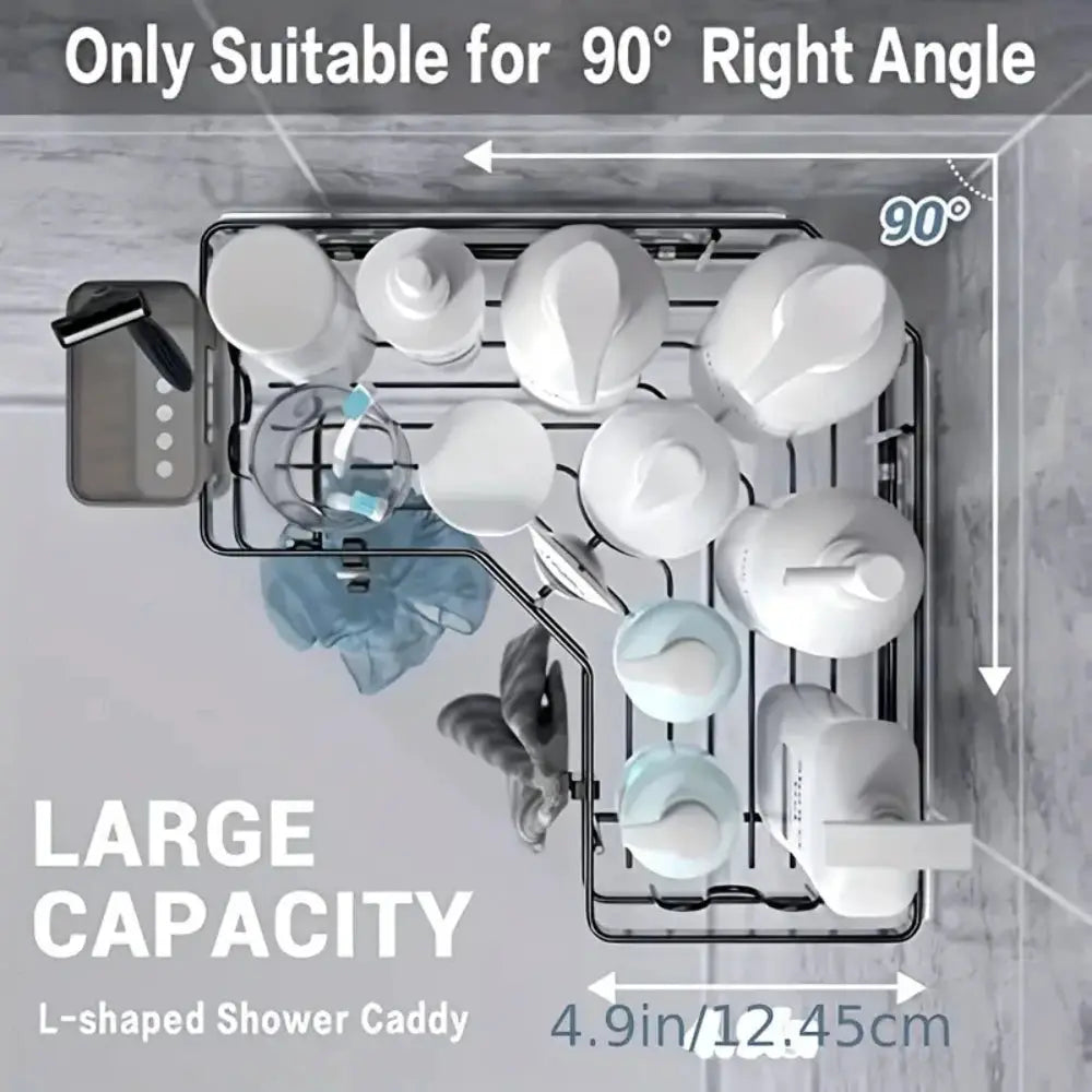 Simples Market no-drill stainless steel triangle corner shower caddy, double-layer, large capacity.