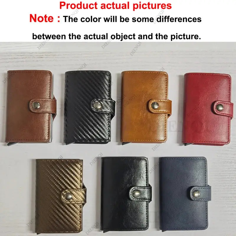 Slim card holder wallets with snap closures; 7 assorted colors