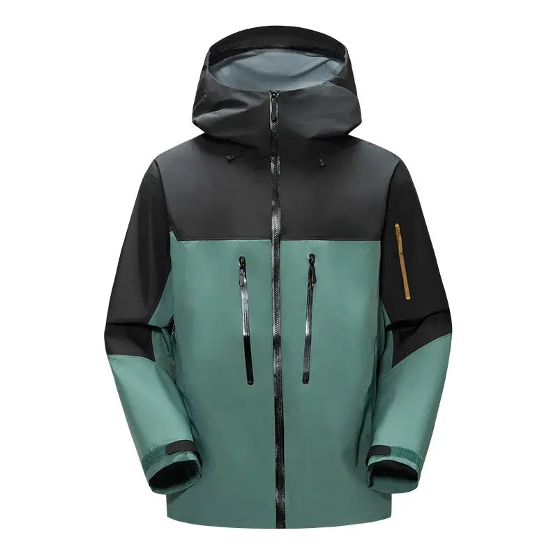 Simples Market men's windproof hooded jacket in green and black color-block with front chest zip pockets