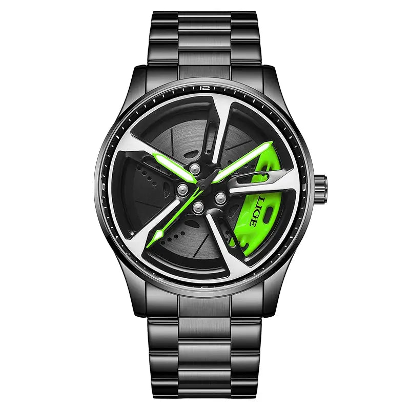 LIGE sport wristwatch with stainless steel bracelet and neon-green wheel-rim dial accents