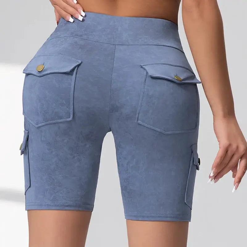 Simples Market women's blue washed cargo-pocket leggings with back flap pockets