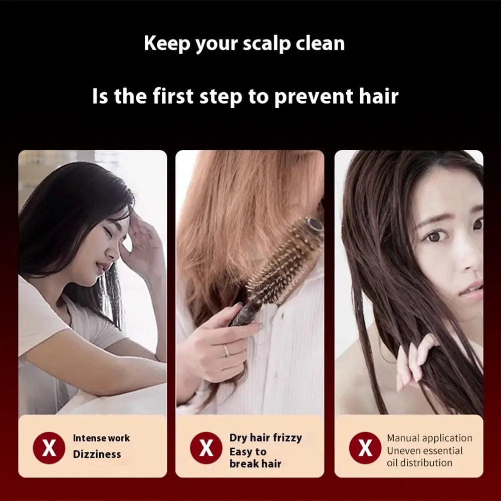 Electric head massager hair growth comb by Simples Market with 630nm red light; three-panel layout