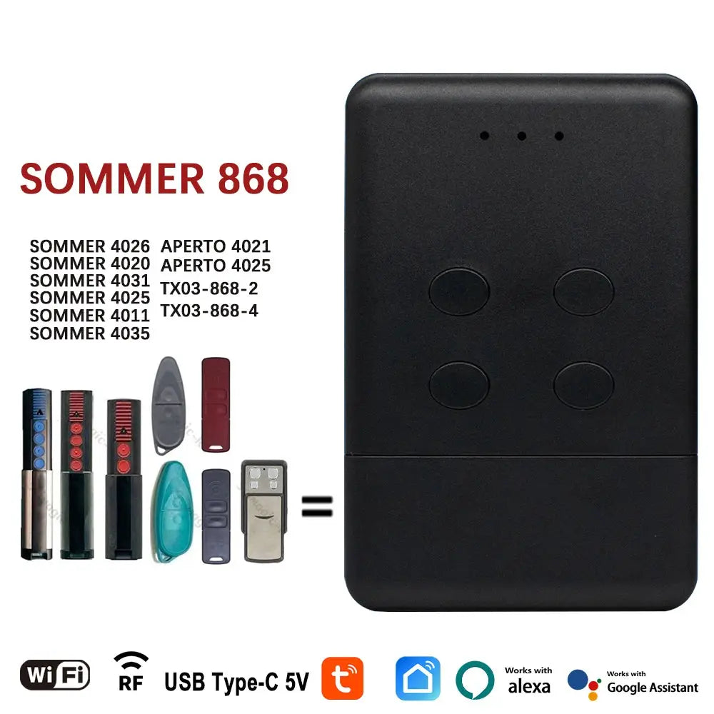 Sommer 868 smart garage door opener RF bridge with Tuya Smart Life app; includes 868MHz handheld remotes