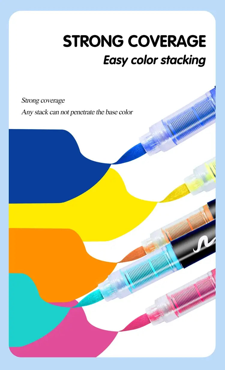 12-120 Colors Waterproof Acrylic Marker Pens with Soft Brush Nib; five pens in blue, yellow, orange, turquoise and pink