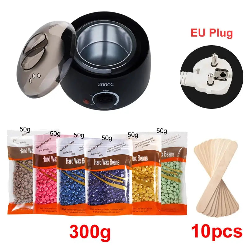 200ml wax heater kit by Simples Market, black with EU plug, includes 300g wax beans and 10 spatulas