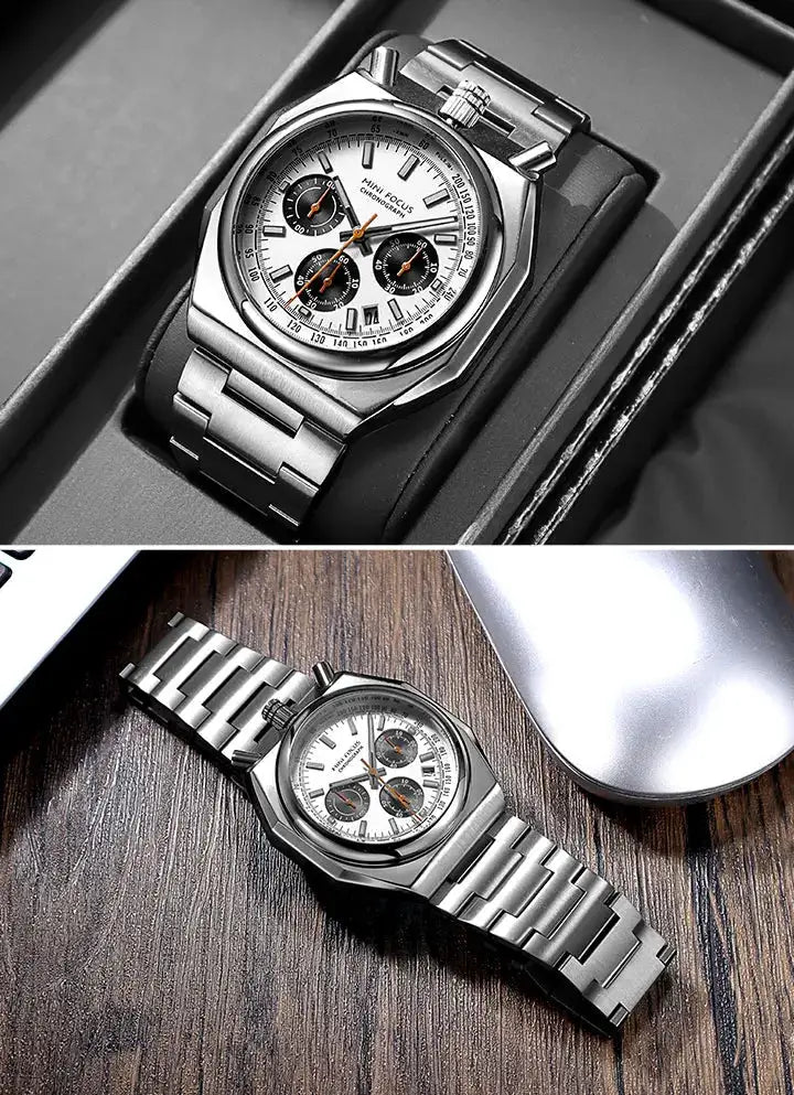 MINI FOCUS chronograph men's watch with stainless steel strap and white dial.