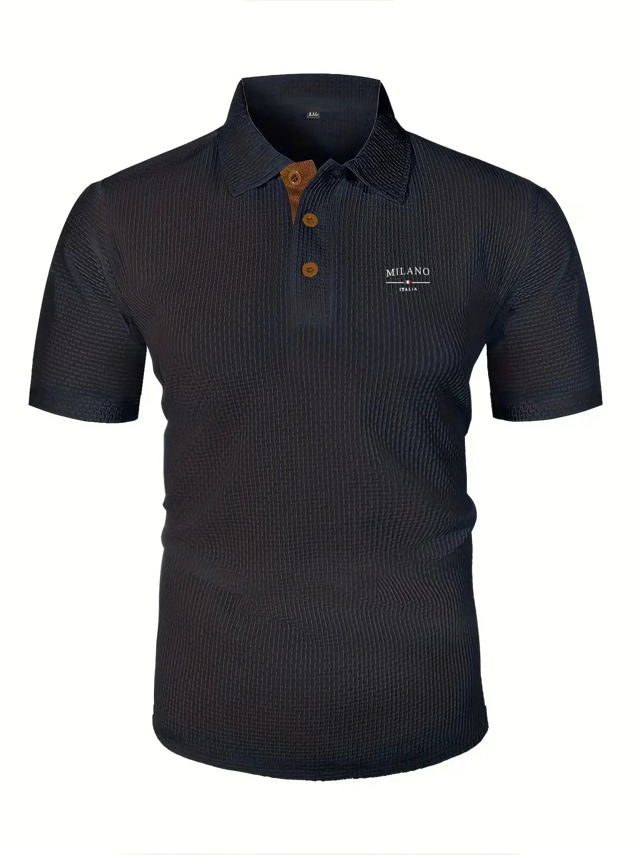 Men's short-sleeve polo shirt in dark navy with textured pattern, brown buttons, Milano Italia logo.