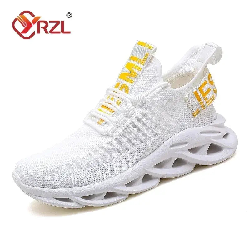 Unisex white breathable sneakers with yellow accents and RZL logo, lightweight running shoes