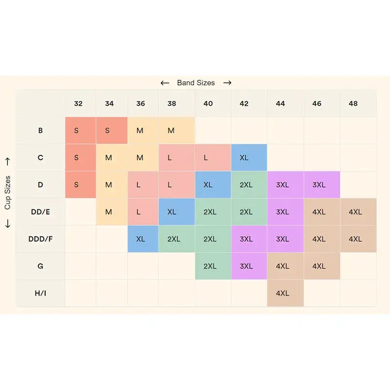 Simples Market women's wireless bra size chart showing band sizes 32–48 and cup sizes up to H/I