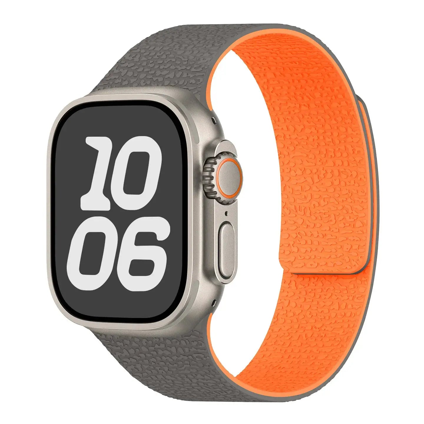 Silicone magnetic Apple Watch band by Simples Market; grey exterior with orange interior, fits 40–49mm sizes