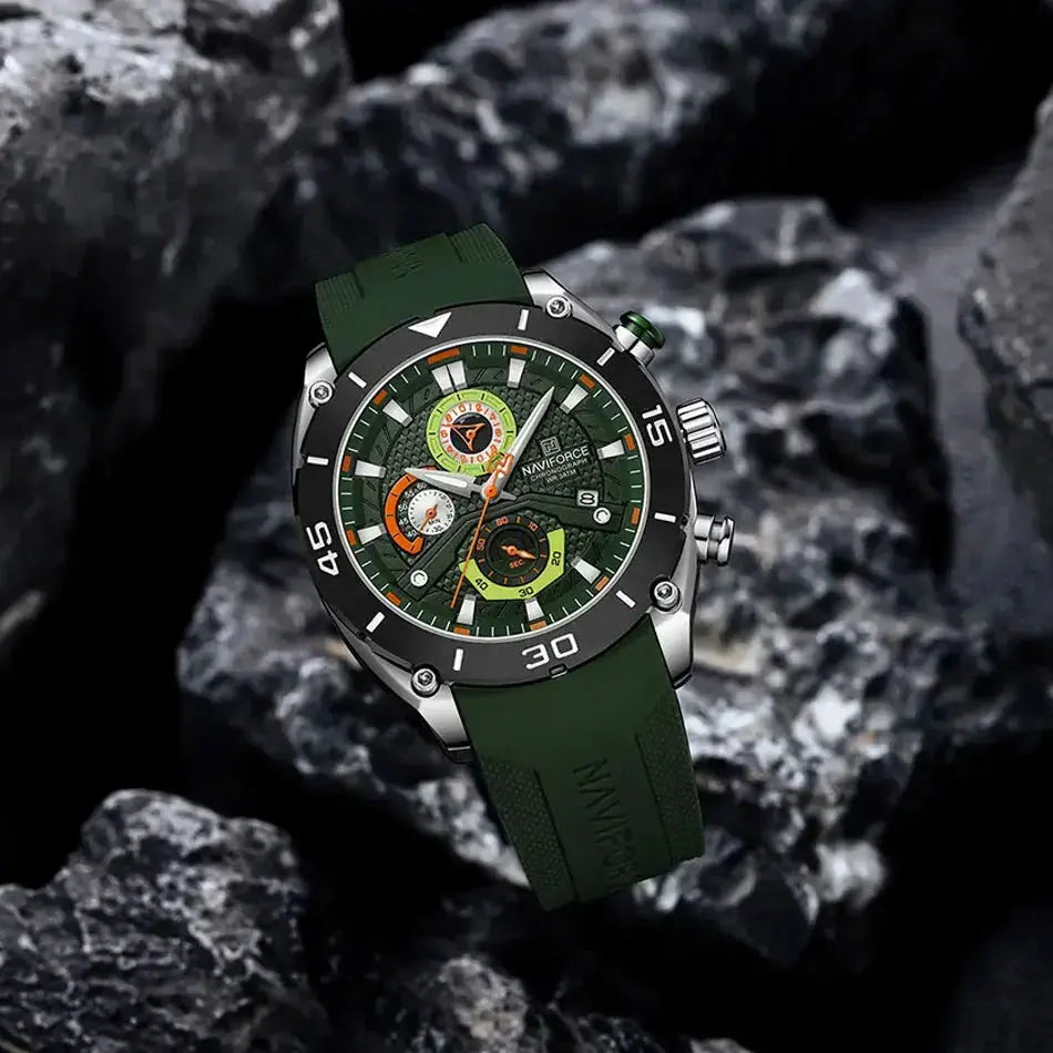 Naviforce men's sport chronograph watch with green strap and green dial, luminous markers
