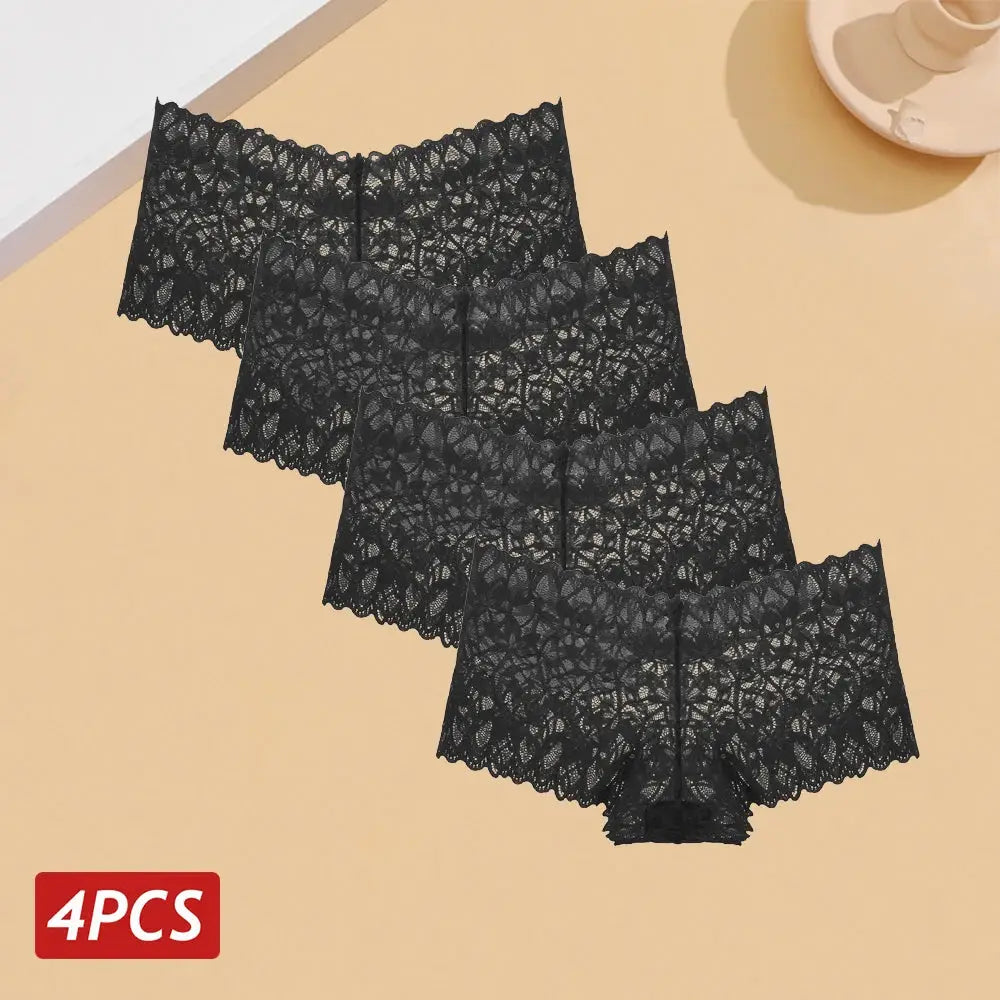4-piece set of women's black floral lace panties with V-waist, breathable underwear