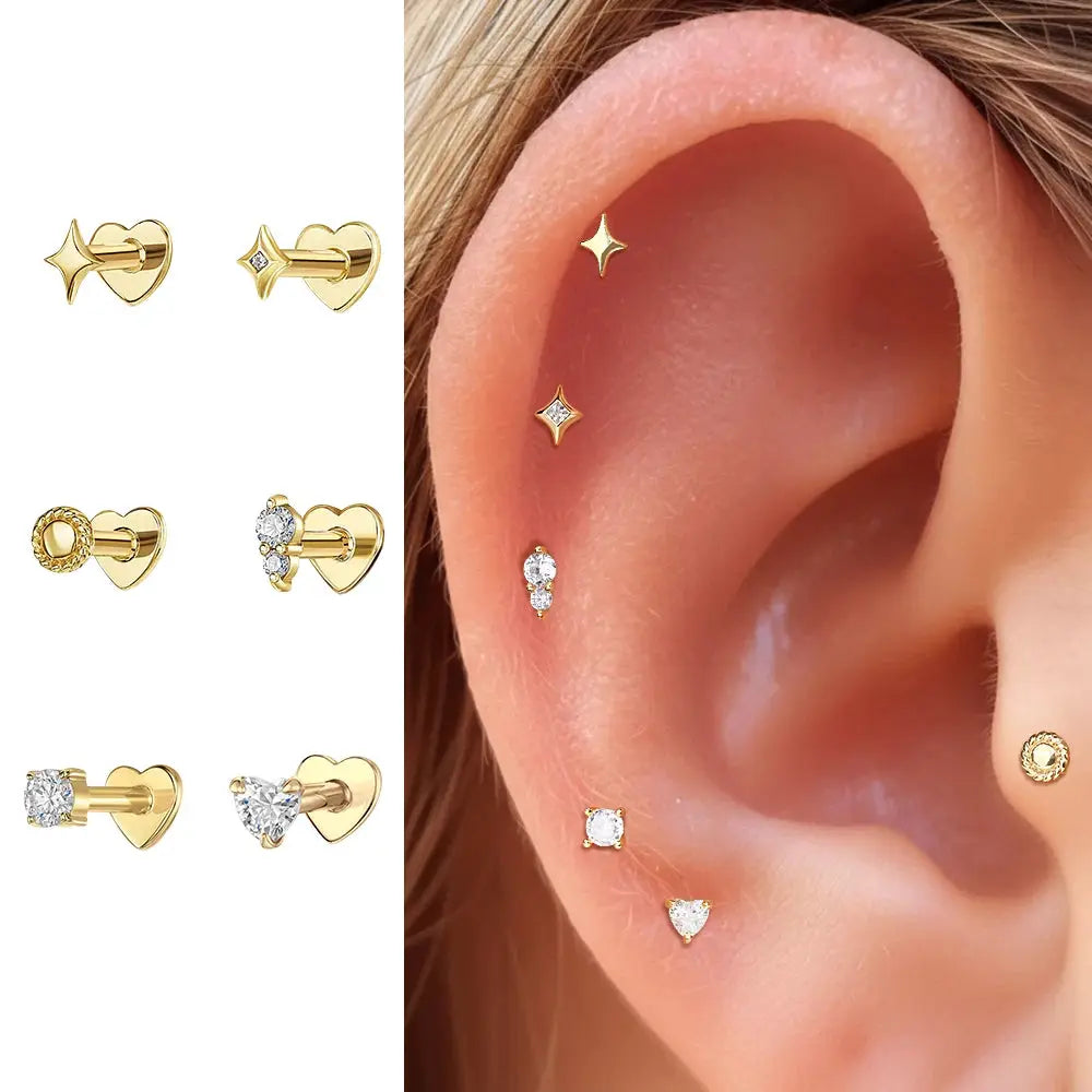 AIDE heart and geometric ear studs set of 6 gold-tone pieces with zircon stones for multiple helix and lobe piercings