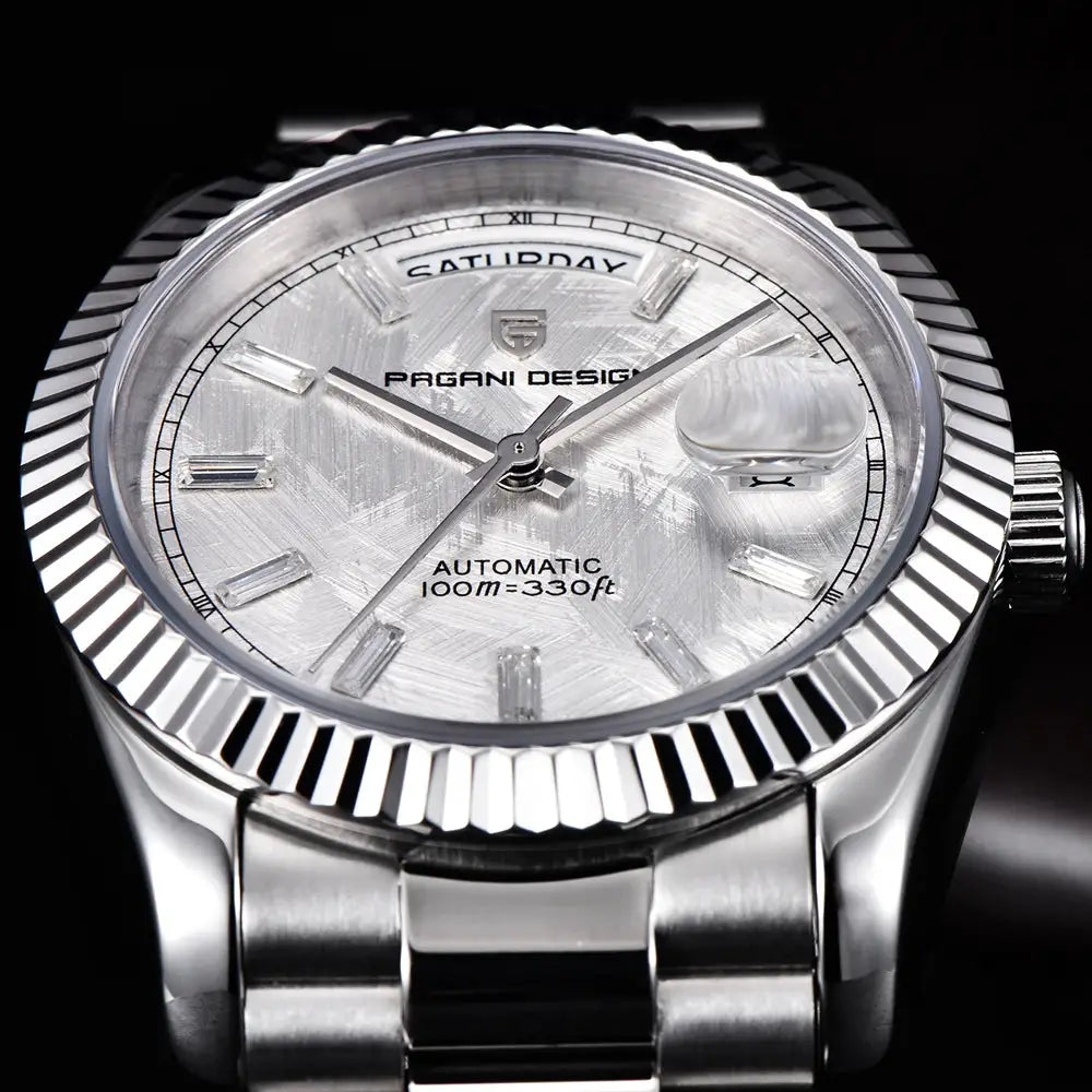 Pagani Design automatic men's stainless steel watch with fluted bezel, silver dial and day/date window